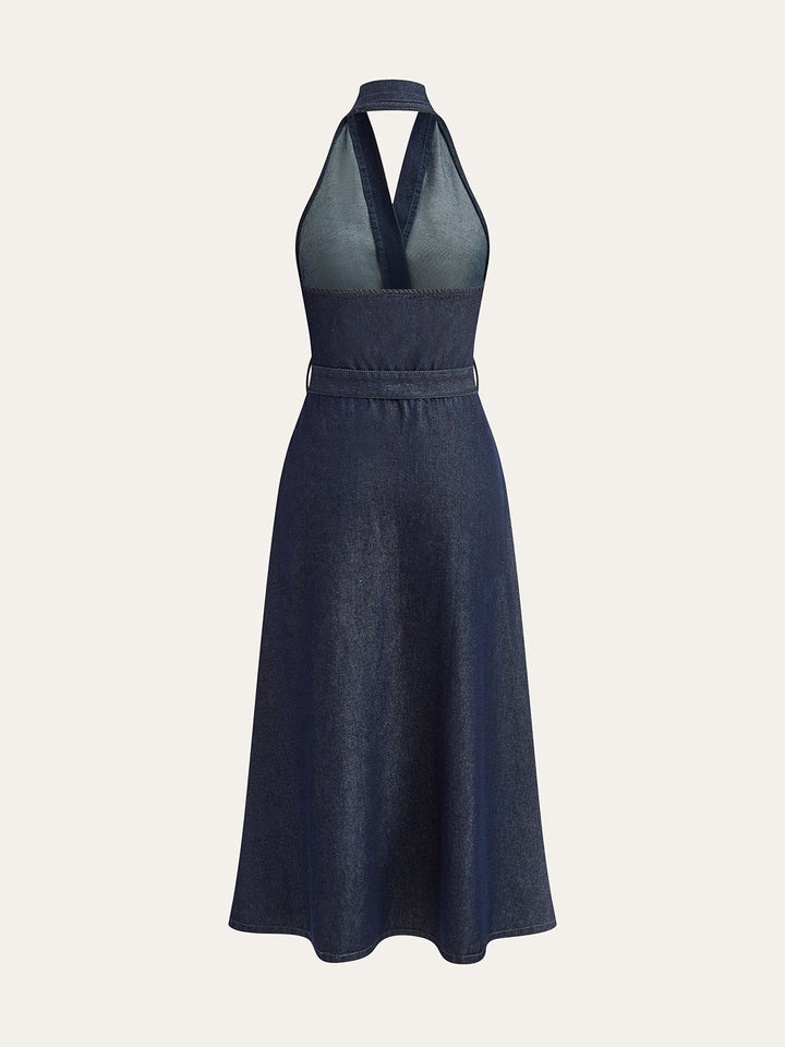 Denim Belted Halter Neck Midi Dress  Liora Lane Boutique Denim Dresses