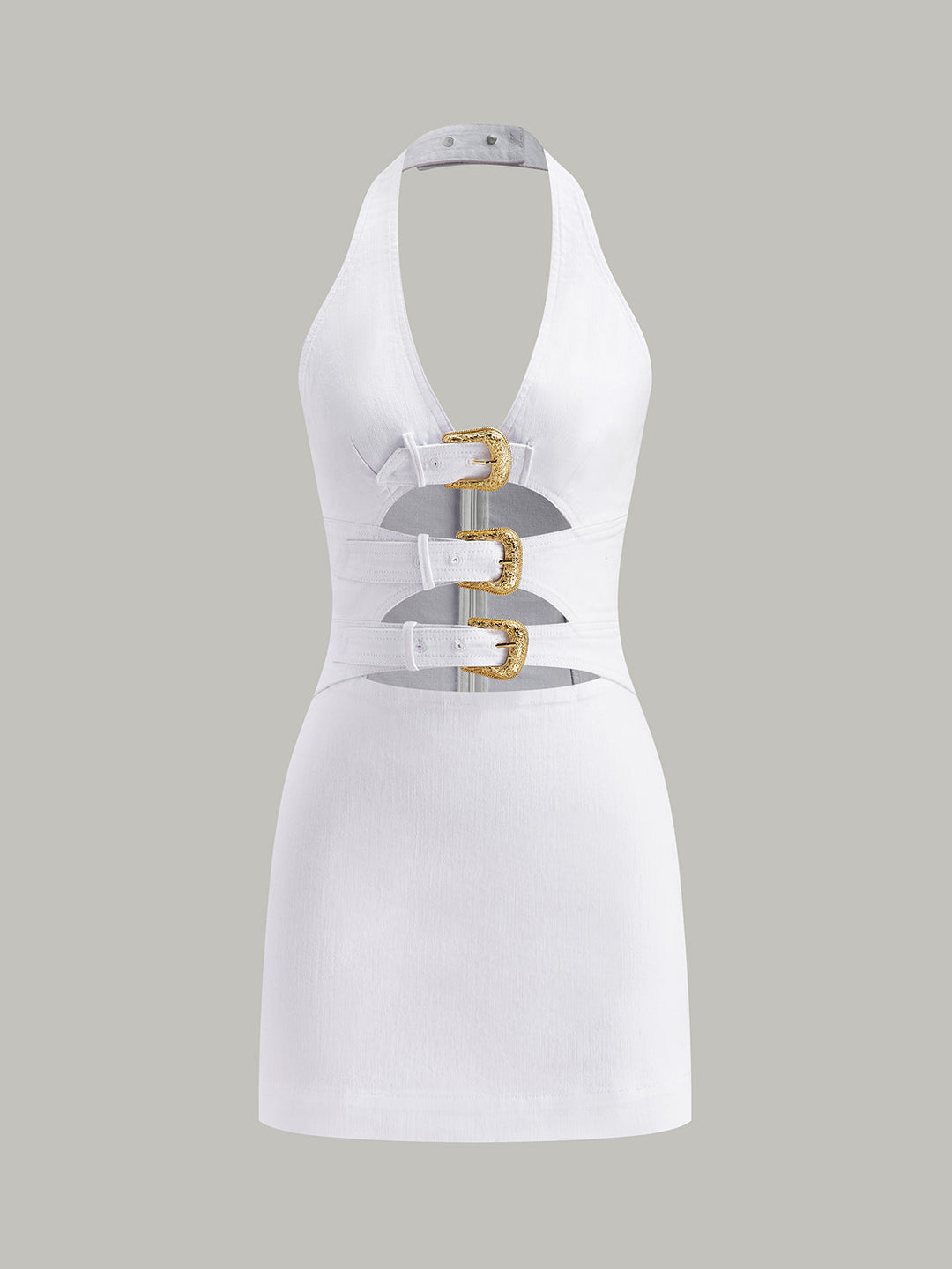 Halter Neck Buckle Detail Denim Dress  Liora Lane Boutique Dresses White / XL 84.99