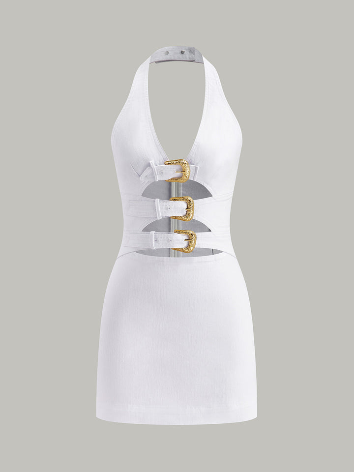 Halter Neck Buckle Detail Denim Dress  Liora Lane Boutique Dresses White / XL 84.99