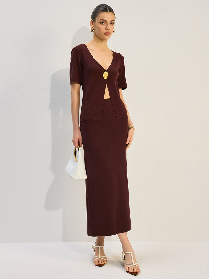 Metal Decor V-Neck Knit Co-ords Set  Liora Lane Boutique Sweater Co-ords Dark Brown / XL 133.99