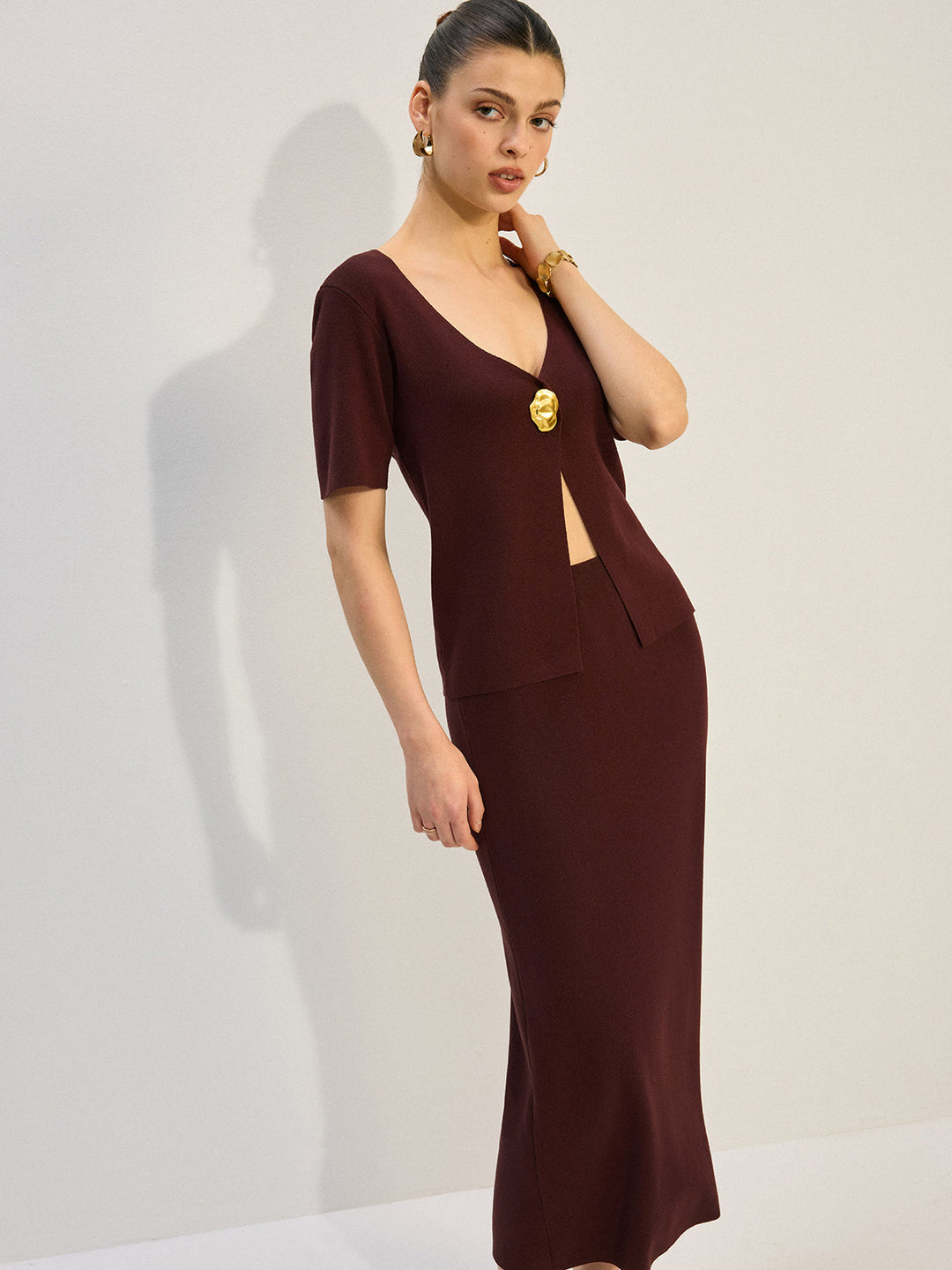 Metal Decor V-Neck Knit Co-ords Set  Liora Lane Boutique Sweater Co-ords