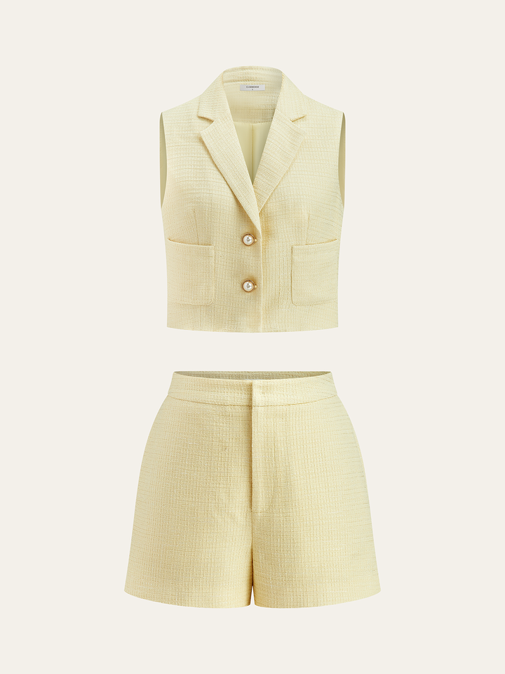 Pearl Button Tweed Vest and Shorts Set  Liora Lane Boutique Short Sets Yellow / XL 69.00