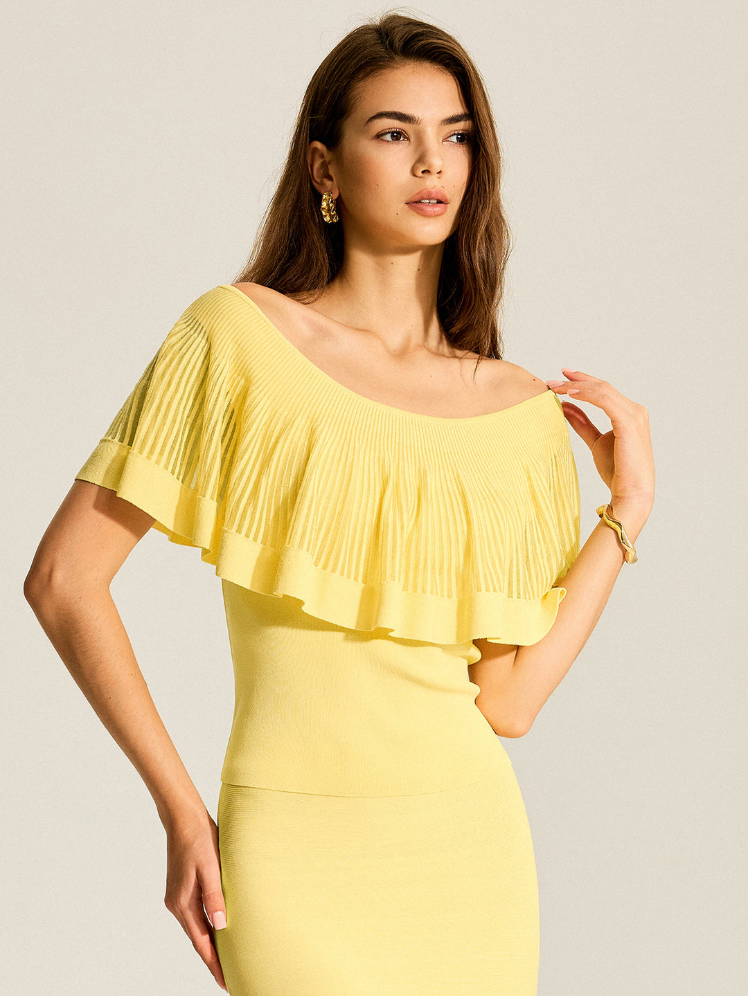 Off-Shoulder Knit Top With Trimmed Ruffles  Liora Lane Boutique Knit Tops Yellow / XL 94.99