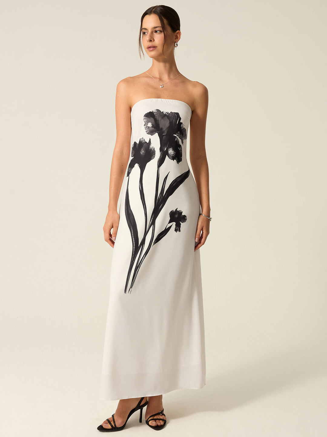 Strapless Floral Print Maxi Dress  Liora Lane Boutique Dresses BlackandWhite / XL 38.00