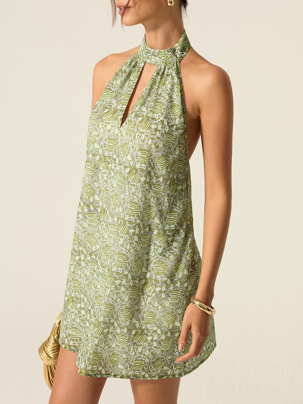 Halter Neck Cut-Out Printed Mini Dress  Liora Lane Boutique Dresses Green / XL 84.99