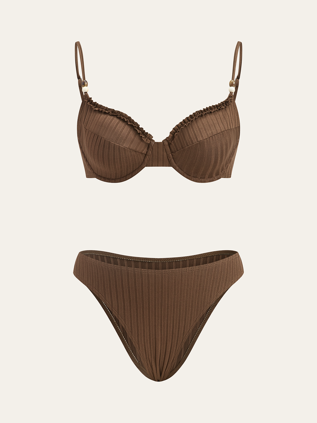 Ribbed Bikini Set with Ruffled Detailing  Liora Lane Boutique Bikini Sets Brown / L 86.99