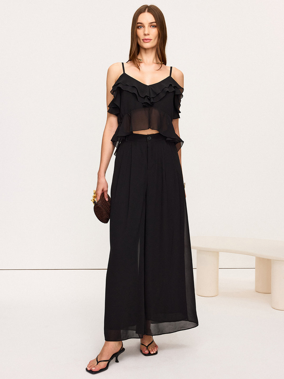 Chiffon Ruffle Top and Wide-Leg Pants Set  Liora Lane Boutique Pant Sets Black / XL 142.99