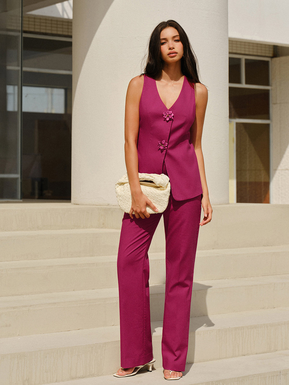 Sleeveless V-Neck Pants Set With Floral Buttons  Liora Lane Boutique Pant Sets