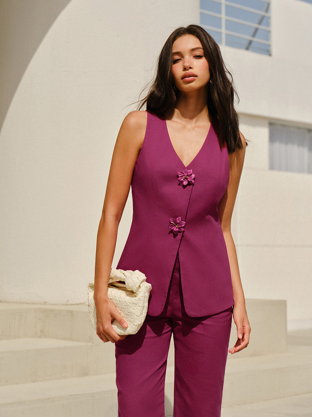 Sleeveless V-Neck Pants Set With Floral Buttons  Liora Lane Boutique Pant Sets Fuchsia / XL 166.99