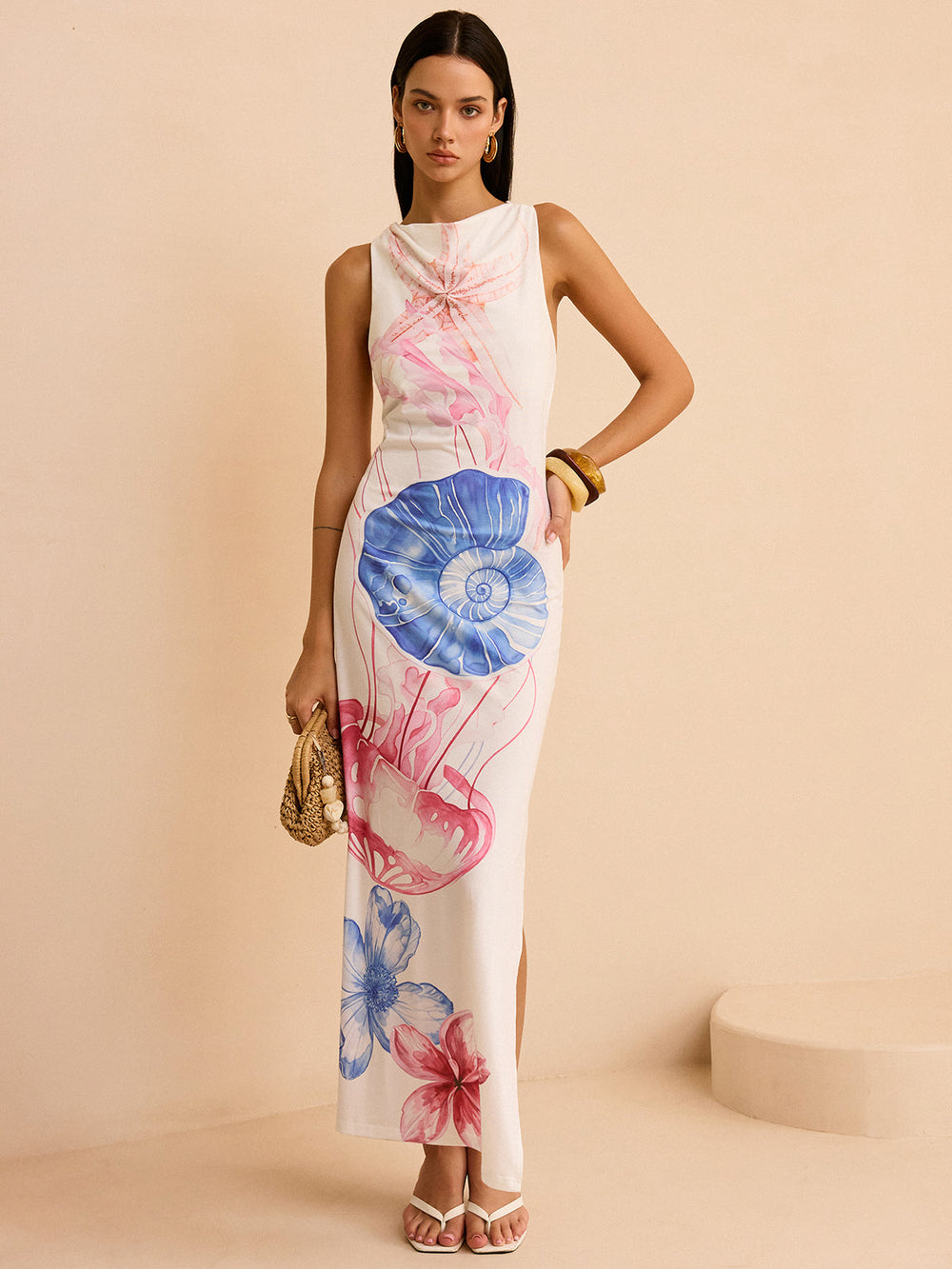 Semi-Sheer Ocean Print Maxi Dress with Slit  Liora Lane Boutique Dresses