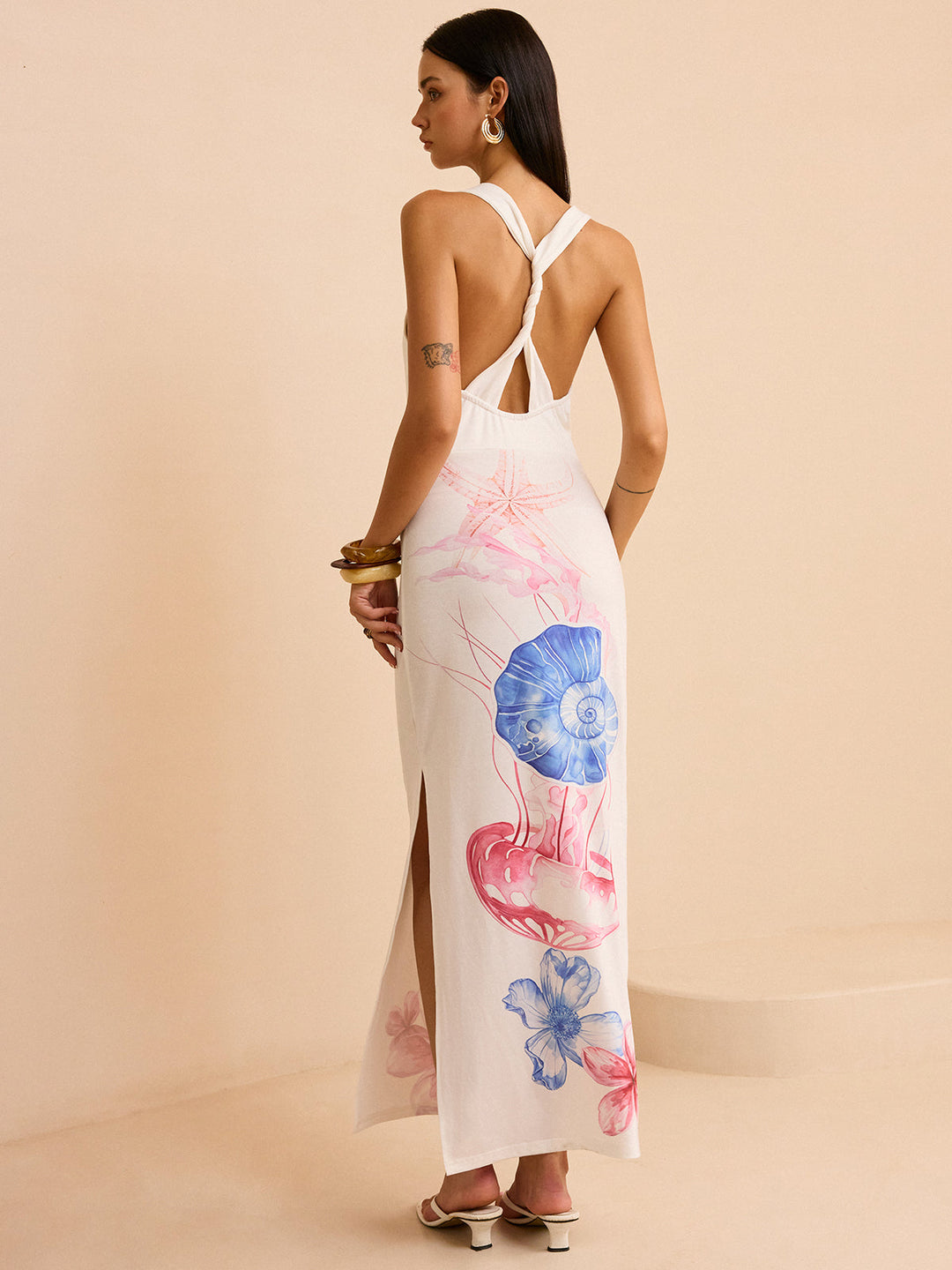 Semi-Sheer Ocean Print Maxi Dress with Slit  Liora Lane Boutique Dresses