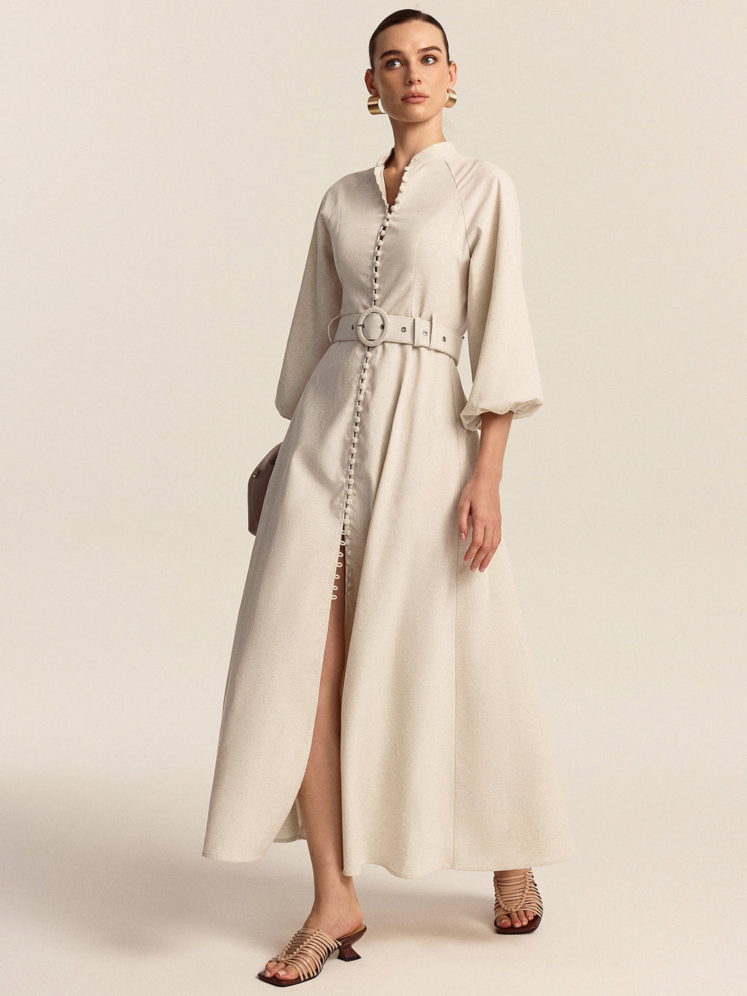 Belted Button Front Maxi Dress  Liora Lane Boutique Dresses Apricot / XL 94.99