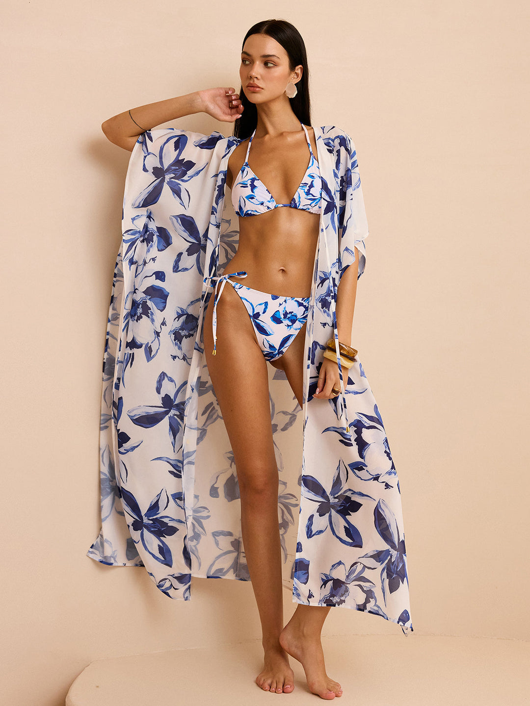 Sheer Floral Kimono Cover Up with Tie-Front  Liora Lane Boutique Kimonos & Cover Ups Bluewhite / XL 112.99