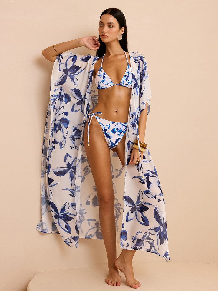 Sheer Floral Kimono Cover Up with Tie-Front  Liora Lane Boutique Kimonos & Cover Ups Bluewhite / XL 112.99