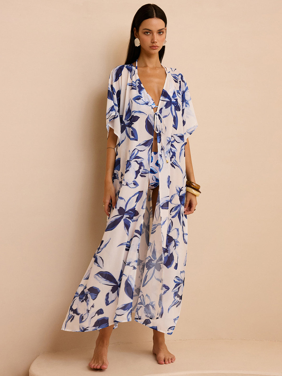 Sheer Floral Kimono Cover Up with Tie-Front  Liora Lane Boutique Kimonos & Cover Ups
