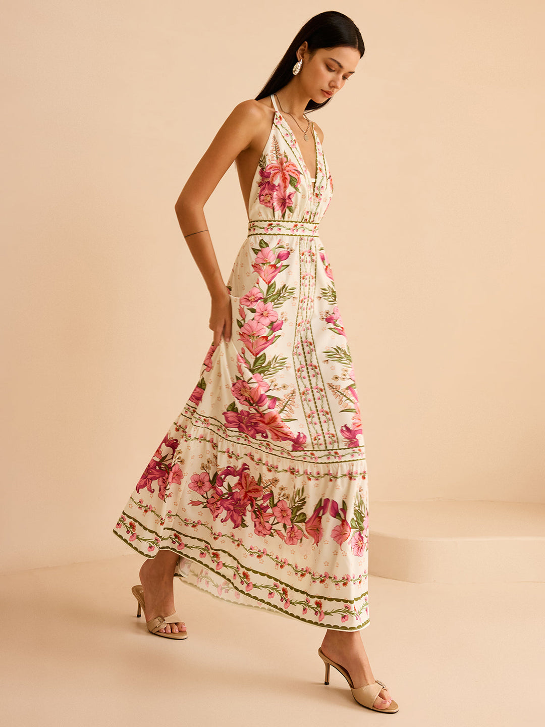 Floral Print Halter Backless Maxi Dress  Liora Lane Boutique Dresses