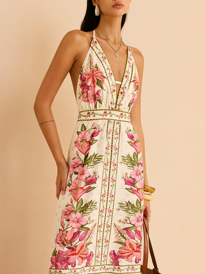Floral Print Halter Backless Maxi Dress  Liora Lane Boutique Dresses