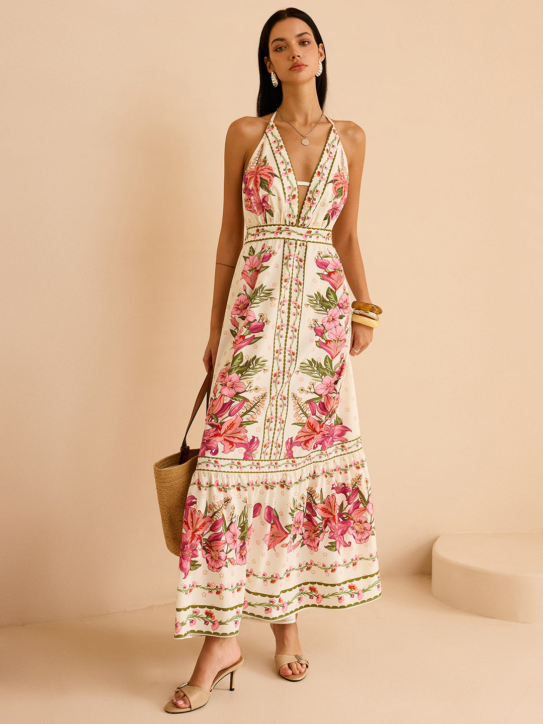 Floral Print Halter Backless Maxi Dress  Liora Lane Boutique Dresses Apricot / XL 39.00