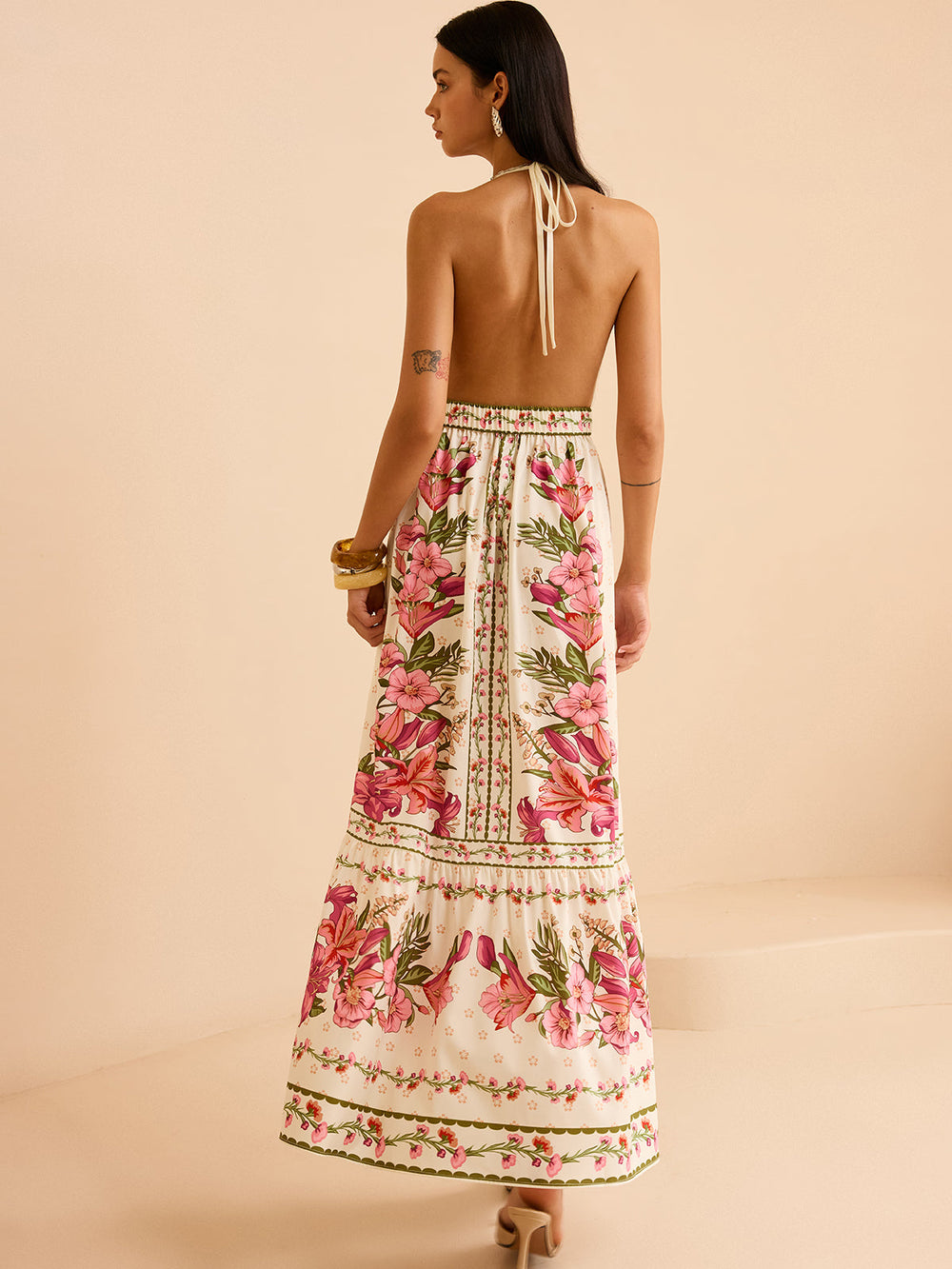 Floral Print Halter Backless Maxi Dress  Liora Lane Boutique Dresses