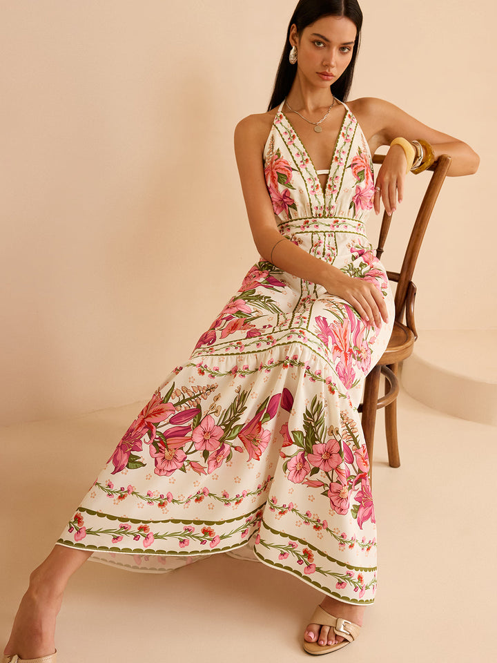 Floral Print Halter Backless Maxi Dress  Liora Lane Boutique Dresses