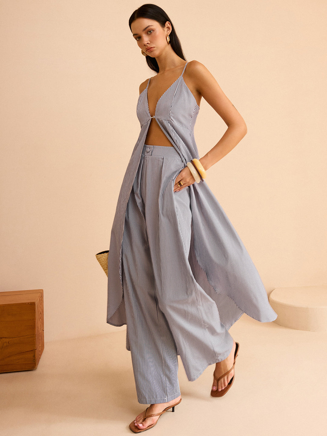 Striped Long Cami Top and Wide-Leg Pants Set  Liora Lane Boutique Pant Sets Blue / XL 127.99