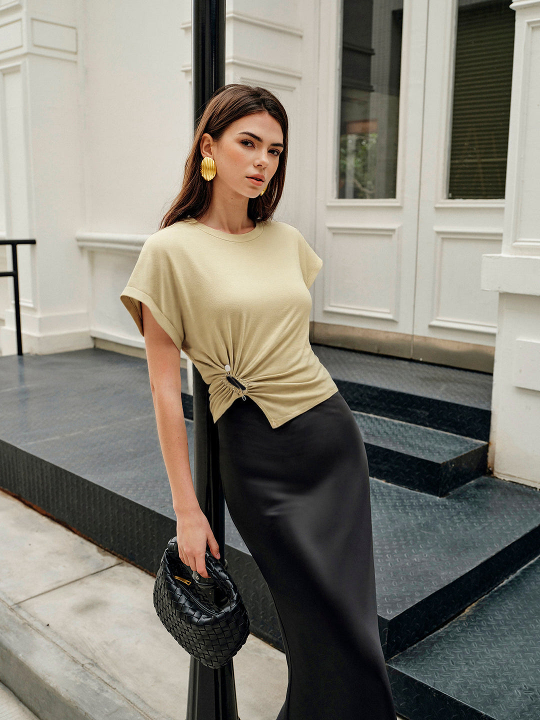 Asymmetrical Ruched Top  Liora Lane Boutique T-Shirts Khaki / XL 29.00