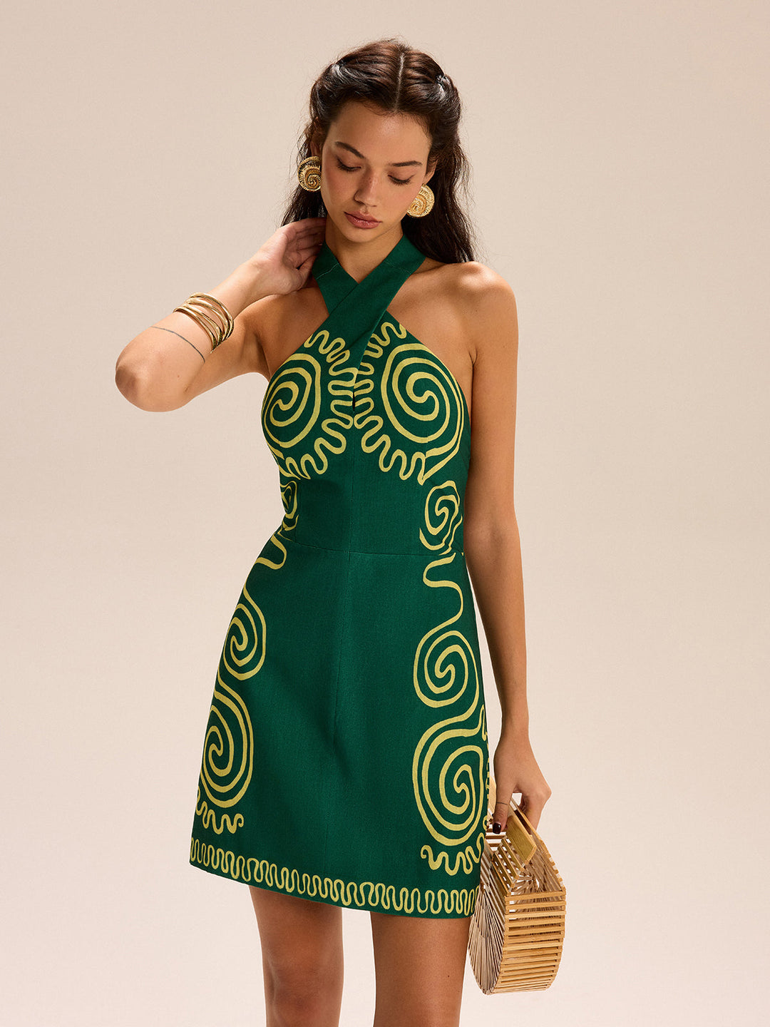 Halter-Neck Dress With Swirl Patterns  Liora Lane Boutique Dresses Green / XL 39.00