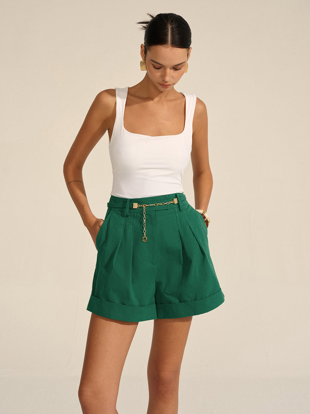 Pleated Cuffed Shorts with Gold Chain Detail  Liora Lane Boutique Shorts