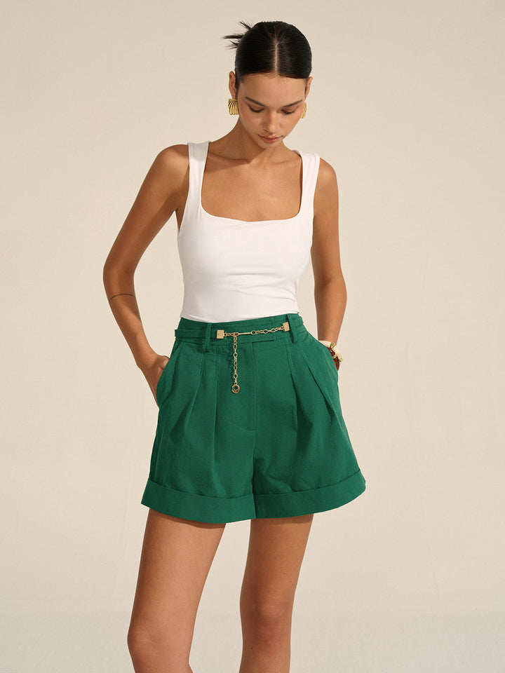 Pleated Cuffed Shorts with Gold Chain Detail  Liora Lane Boutique Shorts