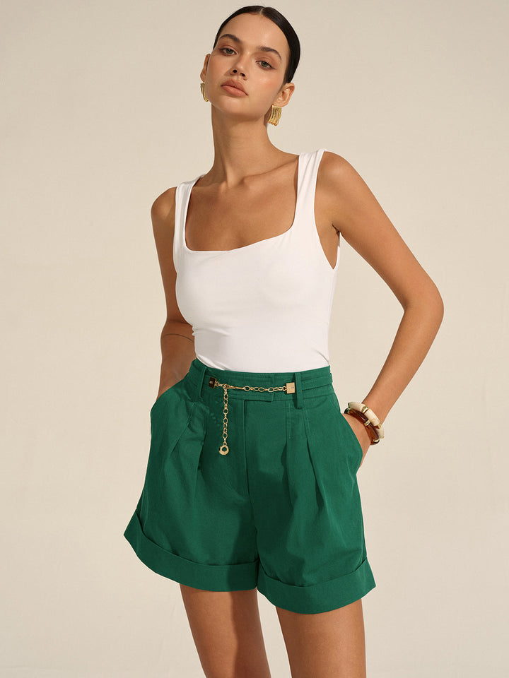 Pleated Cuffed Shorts with Gold Chain Detail  Liora Lane Boutique Shorts Green / XL 38.00