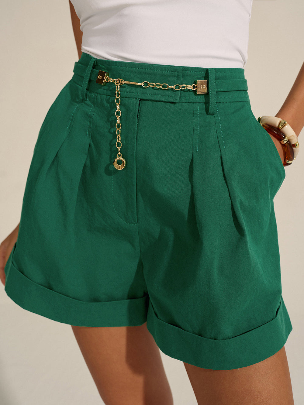 Pleated Cuffed Shorts with Gold Chain Detail  Liora Lane Boutique Shorts