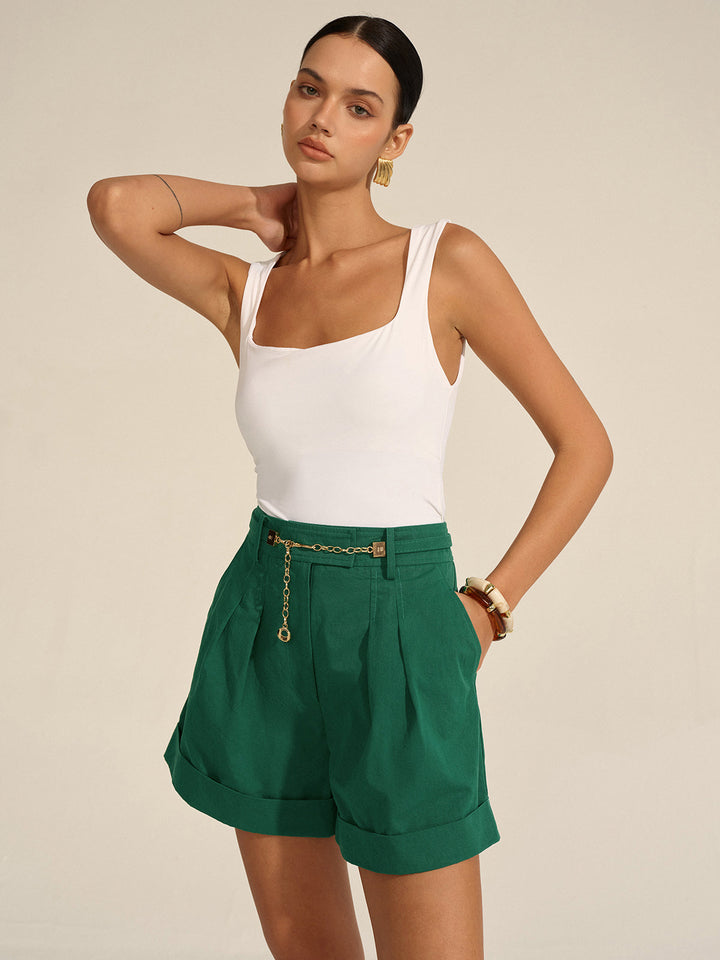 Pleated Cuffed Shorts with Gold Chain Detail  Liora Lane Boutique Shorts