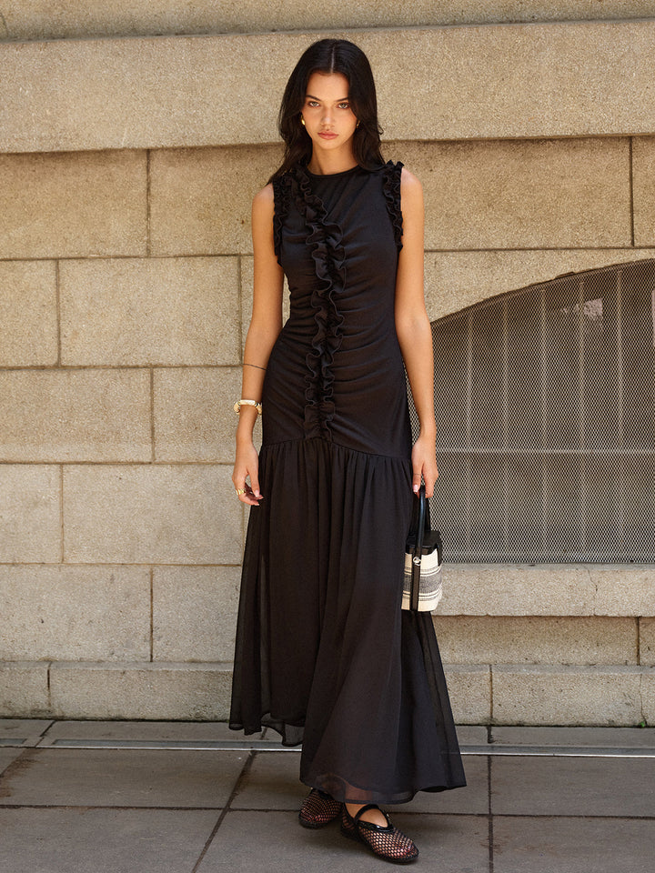 Ruffled Detail Ruched-Front Maxi Dress  Liora Lane Boutique Dresses