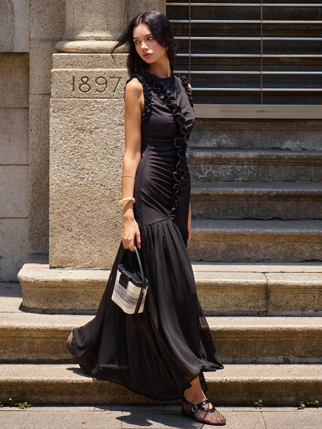 Ruffled Detail Ruched-Front Maxi Dress  Liora Lane Boutique Dresses