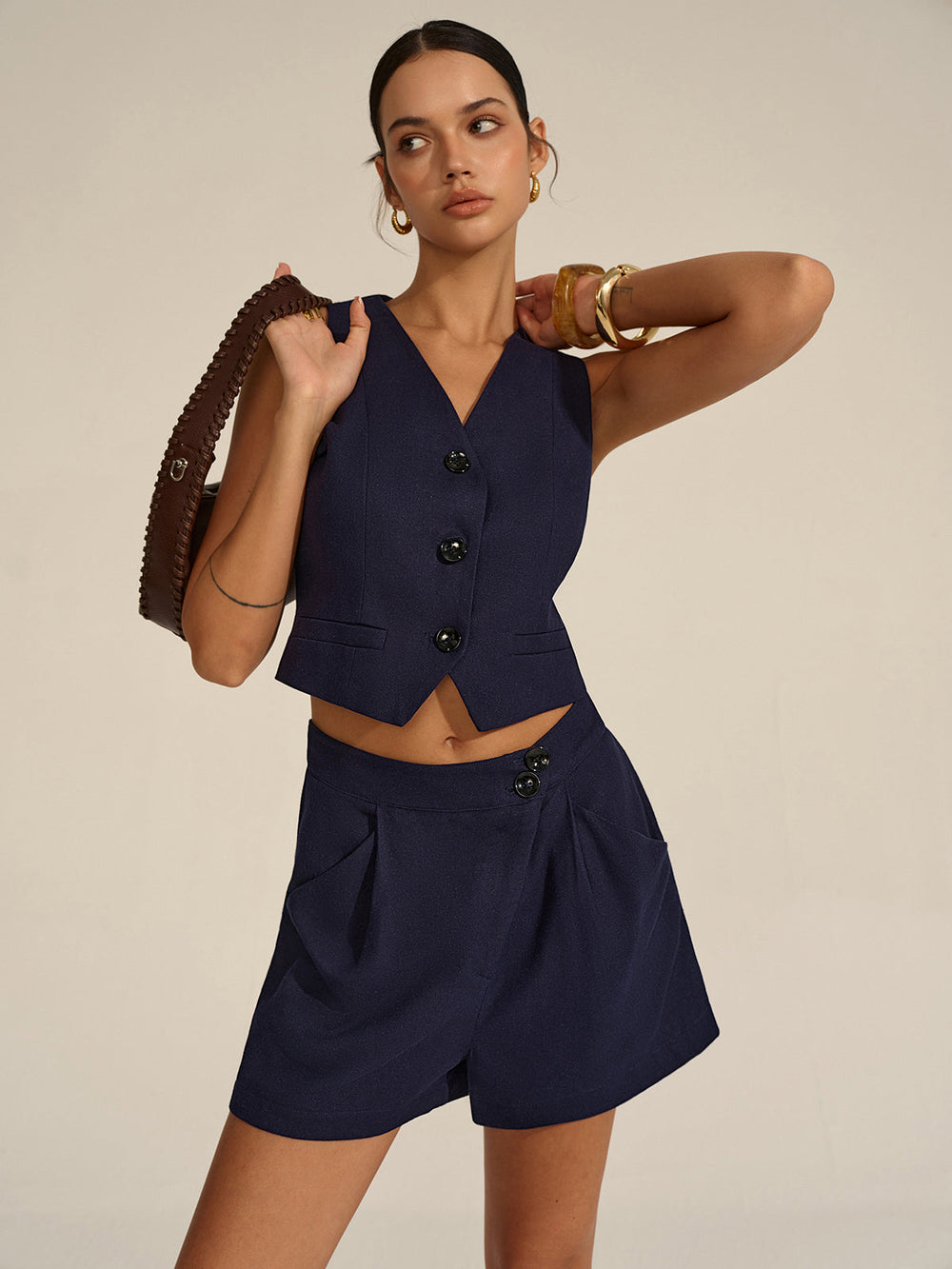 Sleeveless V-Neck Blazer Vest and Shorts Set  Liora Lane Boutique Short Sets