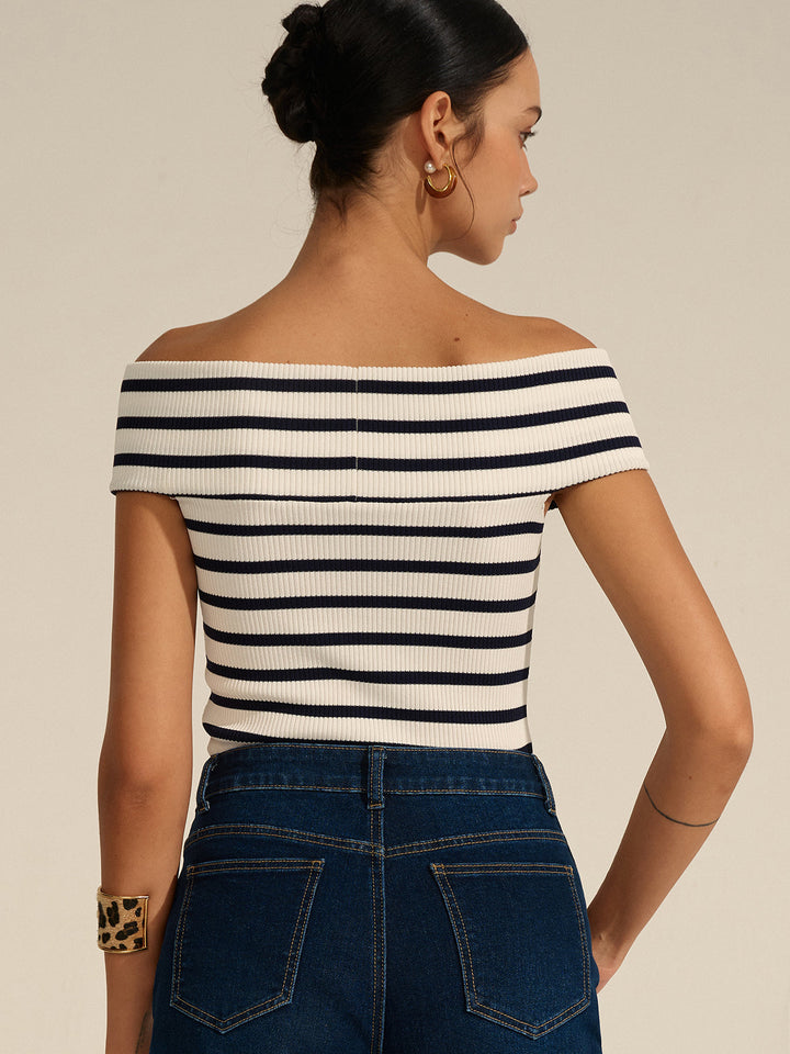 Striped Off-Shoulder Cross Knit Top  Liora Lane Boutique Knit Tops