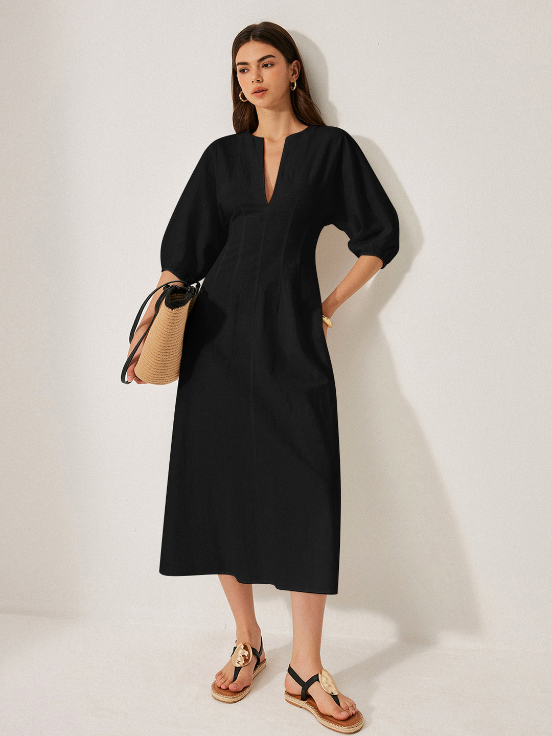 Cotton & Linen Puff Sleeve Dress Without Belt  Liora Lane Boutique Dresses Black / XL 49.00