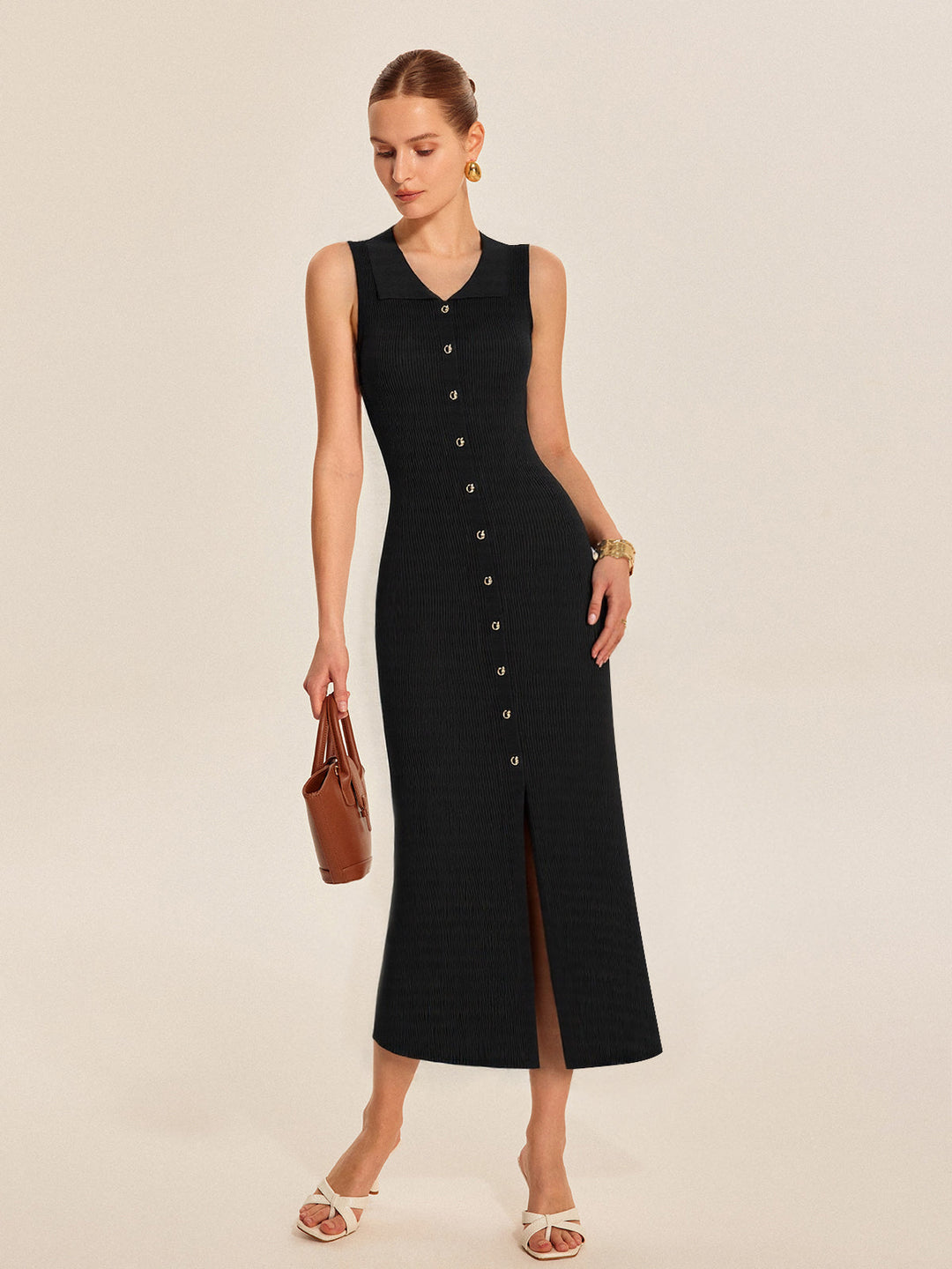 Ribbed Knit Button-Down Midi Dress  Liora Lane Boutique Sweater Dresses Black / XL 125.99