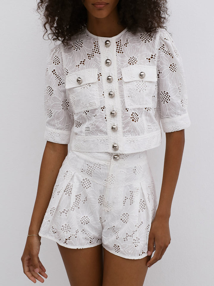 Multi-Button Embroidery Shorts Set  Liora Lane Boutique Short Sets