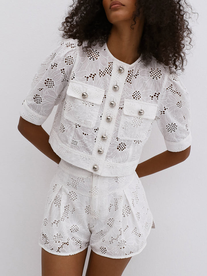 Multi-Button Embroidery Shorts Set  Liora Lane Boutique Short Sets