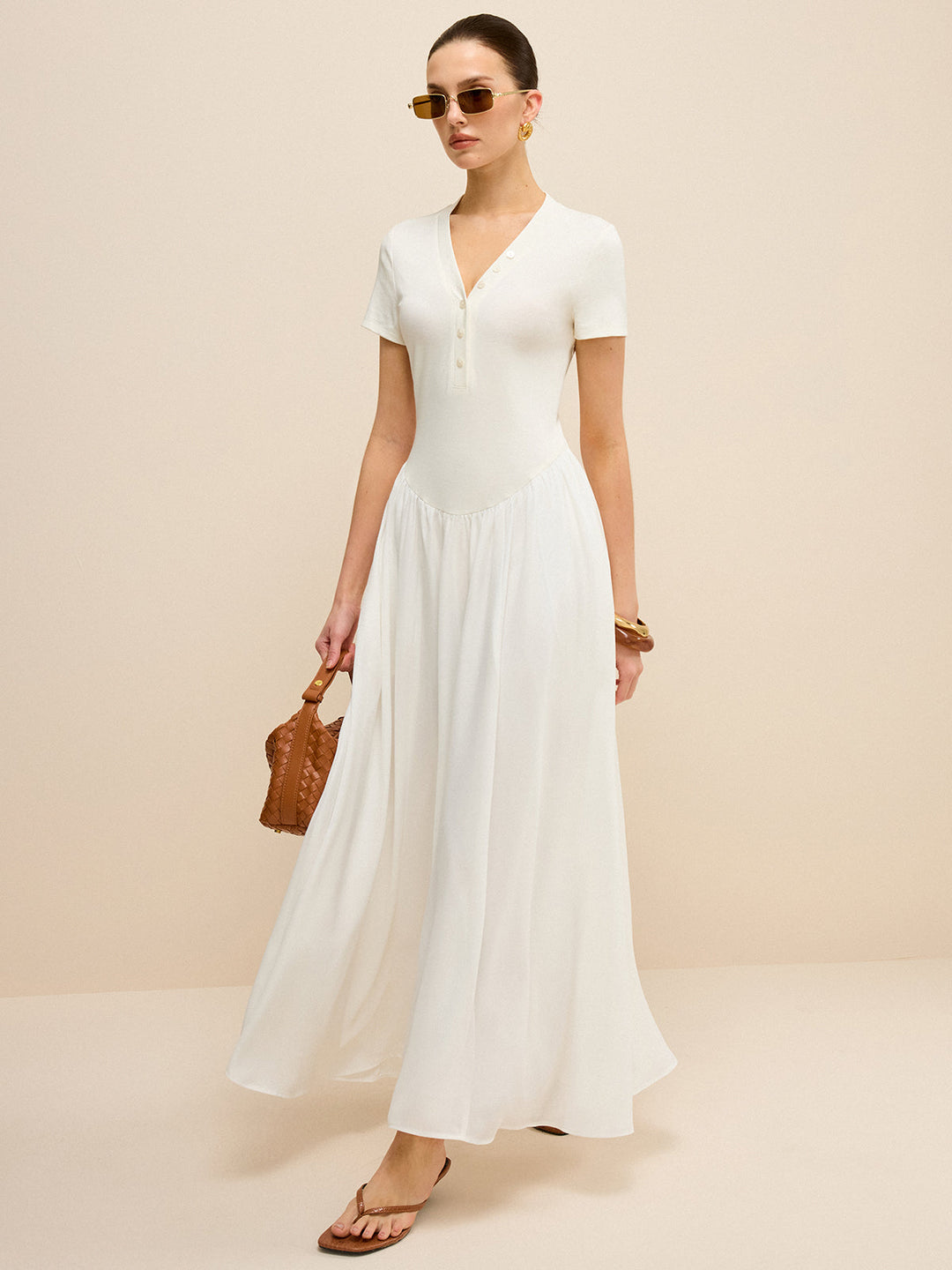 Button-Placket V-Neck Maxi Dress  Liora Lane Boutique Dresses White / XL 84.99