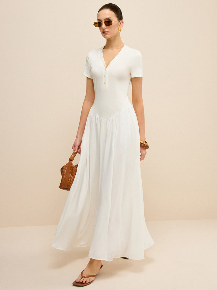 Button-Placket V-Neck Maxi Dress  Liora Lane Boutique Dresses White / XL 84.99