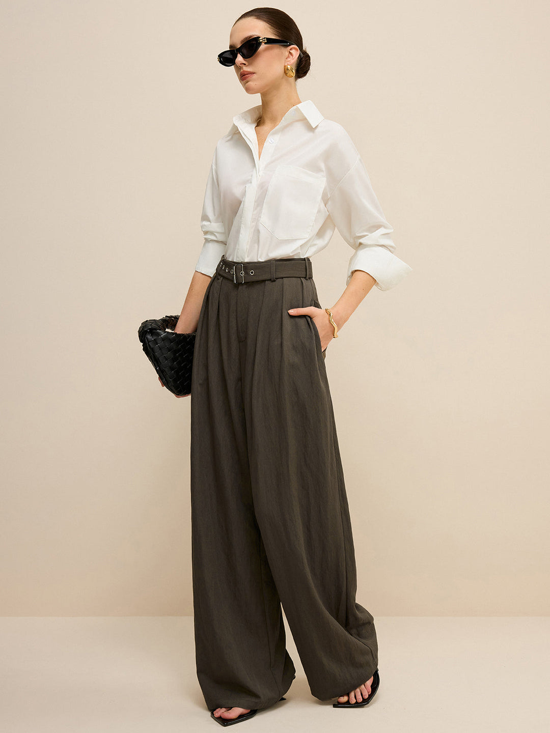 Army Green Belted Pleated Wide-Leg Pants  Liora Lane Boutique Pants Green / XL 58.00