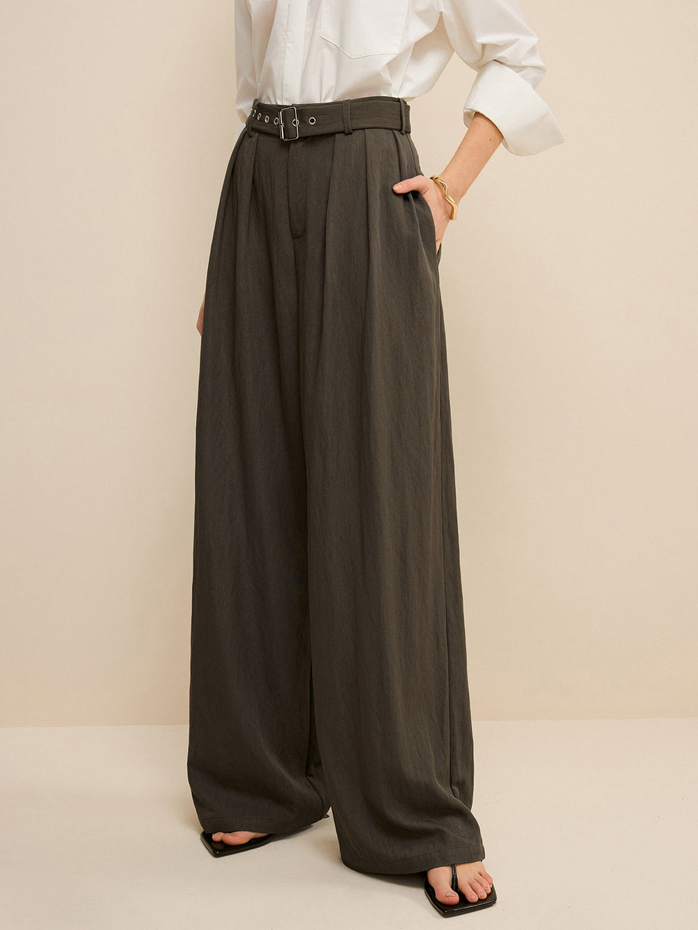 Army Green Belted Pleated Wide-Leg Pants  Liora Lane Boutique Pants