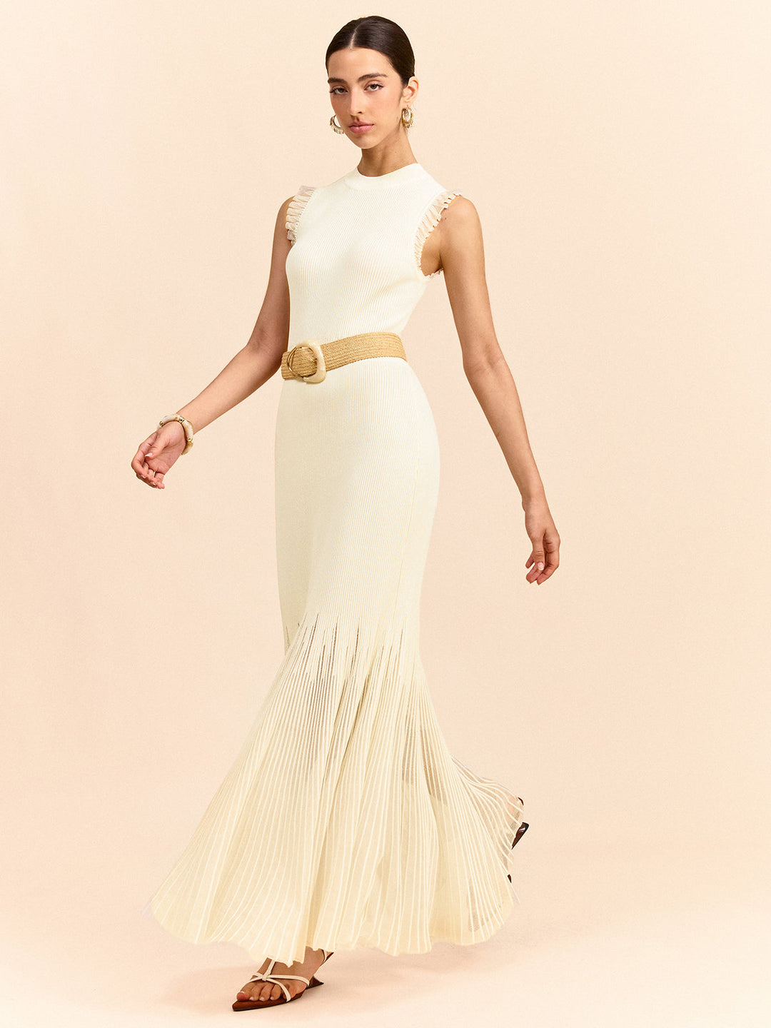 Tulle-Paneled Ruffled Knit Maxi Dress  Liora Lane Boutique Sweater Dresses Apricot / XL 168.99