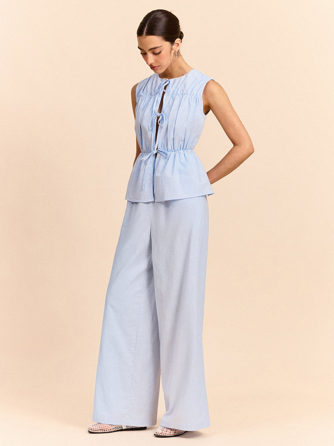 Tie-Front Linen & Cotton Pants Set  Liora Lane Boutique Pant Sets LightBlue / XL 142.99