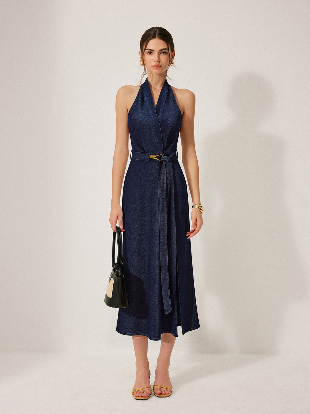 Denim Belted Halter Neck Midi Dress  Liora Lane Boutique Denim Dresses Navy / XL 84.99