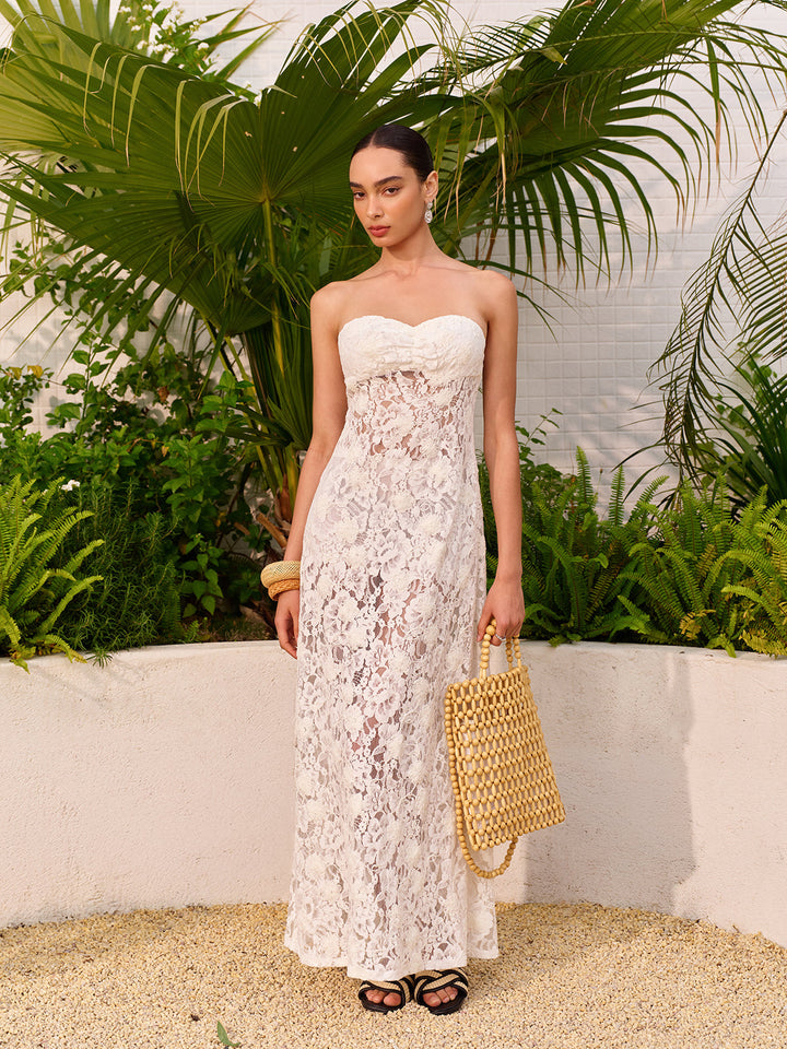 Sheer Jacquard Floral Lace Panel Strapless Dress  Liora Lane Boutique Dresses