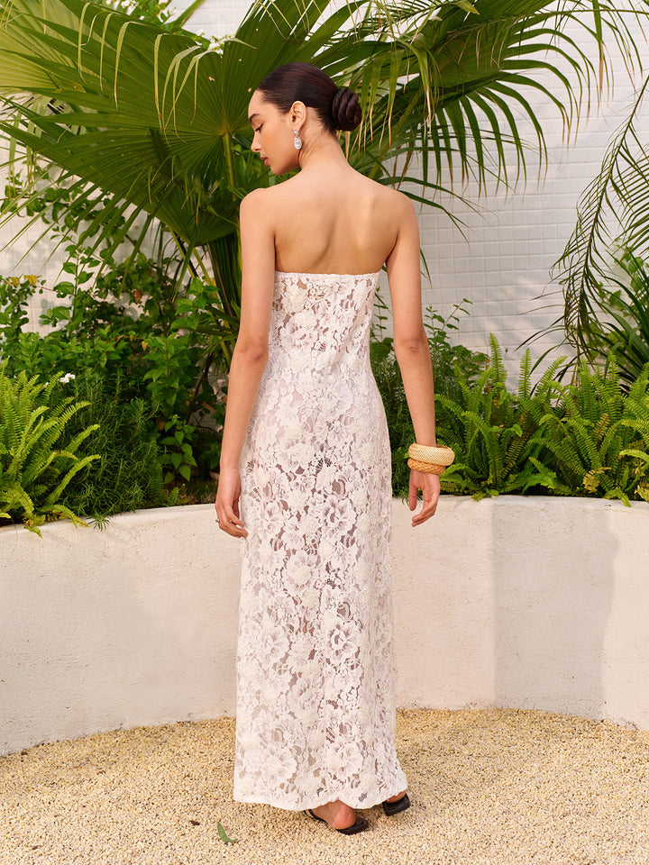 Sheer Jacquard Floral Lace Panel Strapless Dress  Liora Lane Boutique Dresses