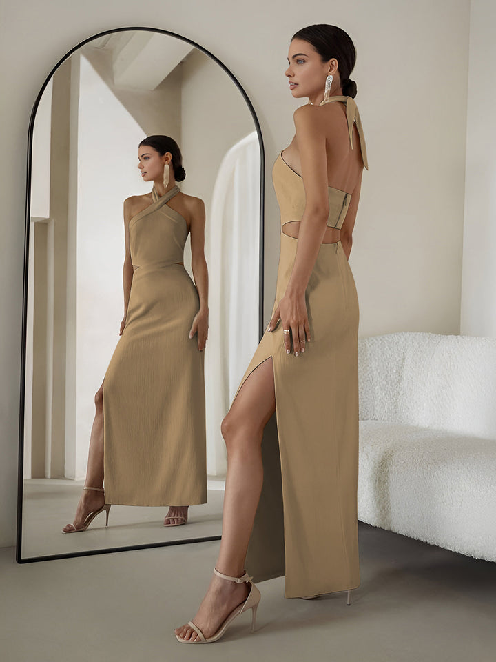 Crisscross Cutout Halter Split Knit  Long Dress  Liora Lane Boutique Dresses Khaki / XL 48.00